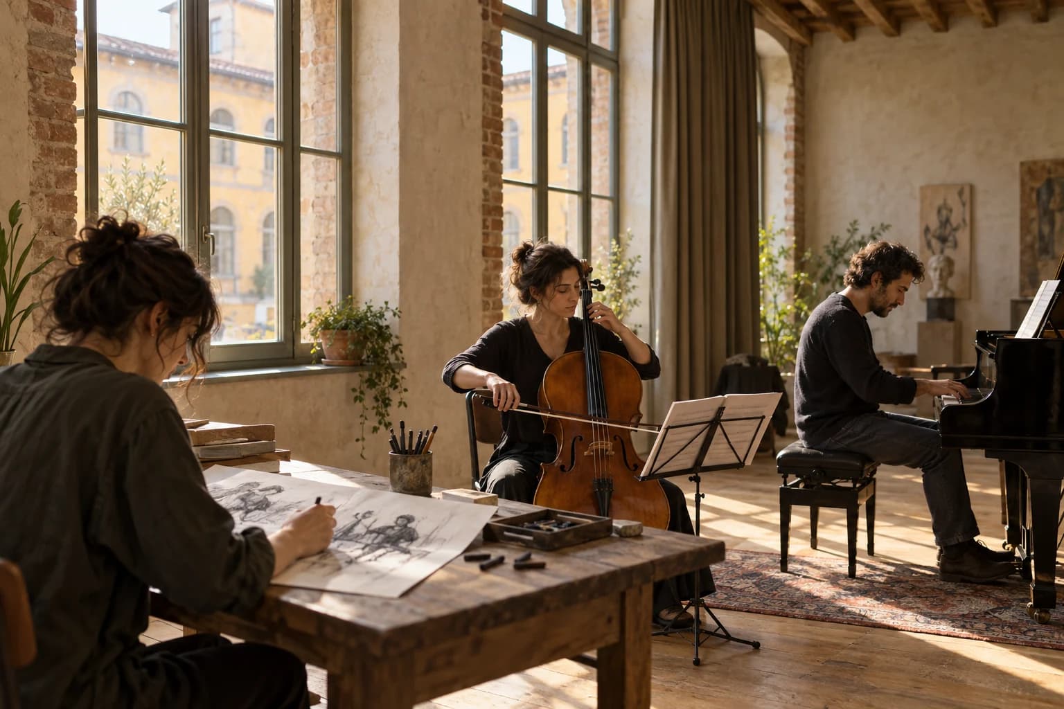 Visualizzazione di un laboratorio Polimea: violoncello, pianoforte e disegno negli spazi recuperati della Manifattura