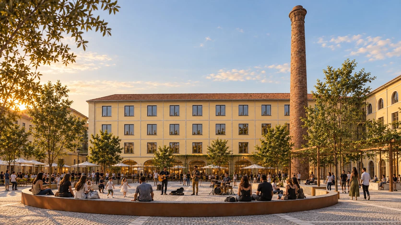 Visualizzazione della futura corte Polimea a Lucca, con la ciminiera della Manifattura e musica all'aperto