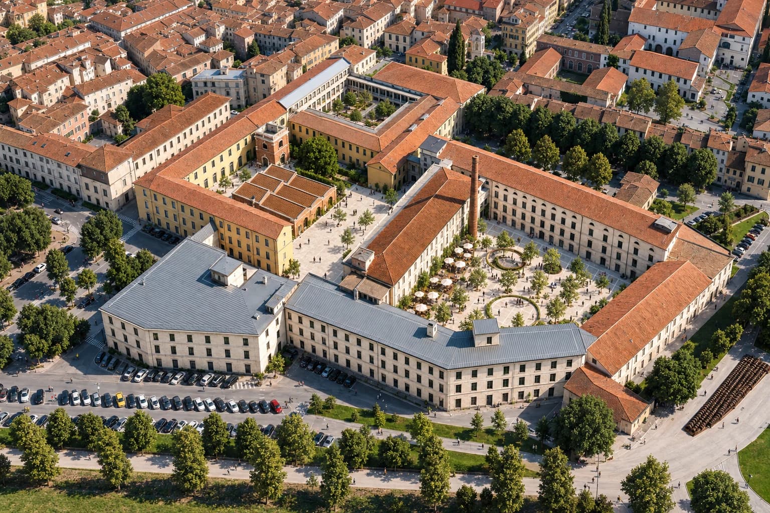 Visualizzazione aerea del progetto Polimea nel complesso della ex Manifattura Tabacchi di Lucca